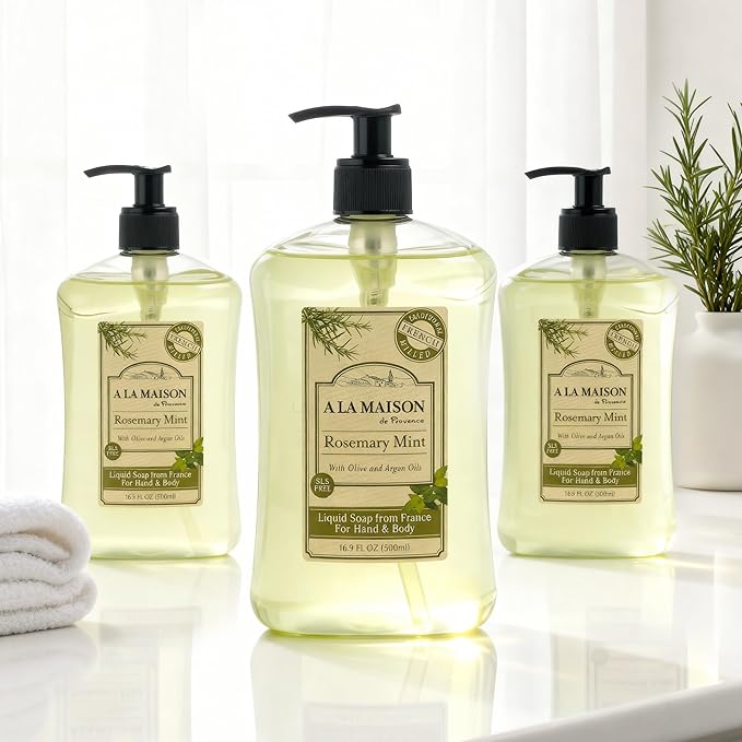 A LA MAISON de Provence Liquid Hand Soap | Rosemary Mint Scent | French Milled Moisturizing Natural Hand Soap | in 16.9 oz. Pump Bottles | (3 Pack)