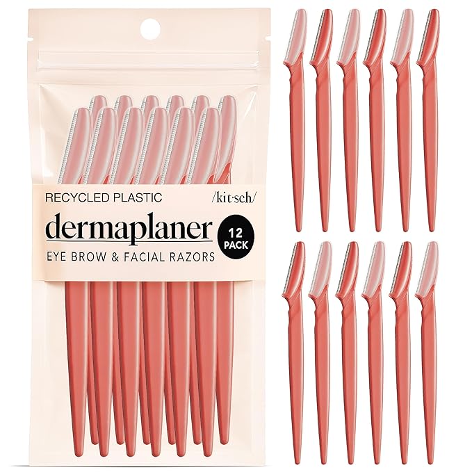 Kitsch Dermaplane Razor for Women Face - Face Razors for Women and Men - Eyebrow Trimmer, Shaver, Recycled Plastic Dermaplaning and Skin Care Tool - Coral, 12 pcs