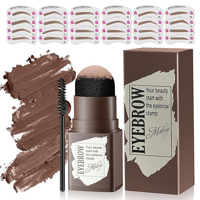 Eyebrow Stamp Stencil Kit - 24PCS Eyebrow Stencils for Perfect Brow, Eyebrow Stamp Long-lasting Waterproof & Smudge-Proof, Eyebrow Kit with Eyebrow Brush for Thin & Thick Brow (Dark Brown)