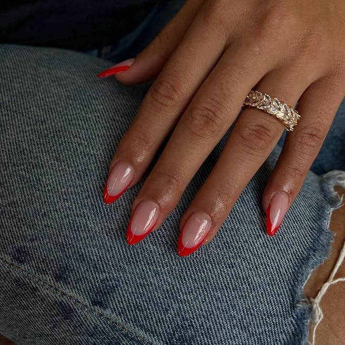 30Pcs Red French Tip Press on Nails Short Almond Nails Press ons, Short Fake Nails Almond Shaped Acrylic French Glue on Nails False Nail for Women, Natural Stiletto Nail 15 Sizes