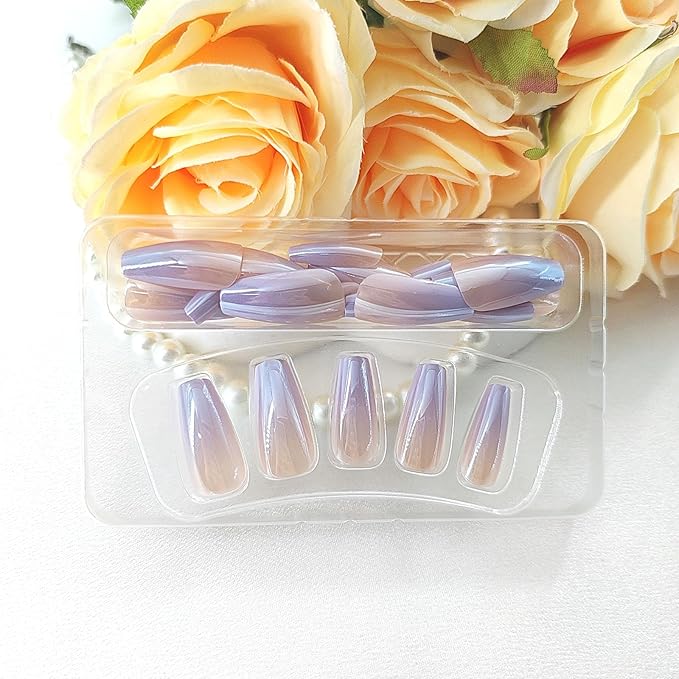 Coffin Press on Nails Medium Fake Nails with Light Purple Gradient Design Coffin Nails Press ons Chrome False Nails Nude Full Cover Glue on Nails Glossy Artificial Stick on Nails for Women 24Pcs