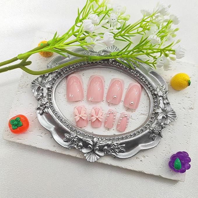 White French Press on Nails Medium Square Fake Nails Pink Nails Press ons Cute Acrylic Nails Spring False Nails with Pearl Bow Charm Designs Artificial Stick on Nails for Women 24Pcs
