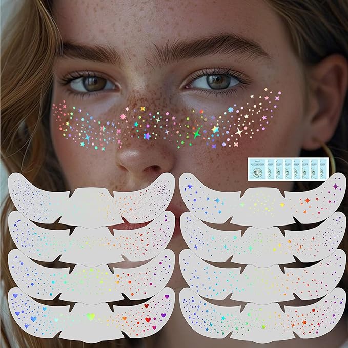 8Pcs Chameleon Glitter Freckles Face Tattoo, Holographic Multichrome Waterproof Face Glitter Speckles Patches, Long Lasting Temporary Tattoos Sticker Makeup for Festive Rave Accessories01