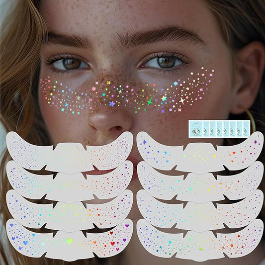 8Pcs Chameleon Glitter Freckles Face Tattoo, Holographic Multichrome Waterproof Face Glitter Speckles Patches, Long Lasting Temporary Tattoos Sticker Makeup for Festive Rave Accessories01