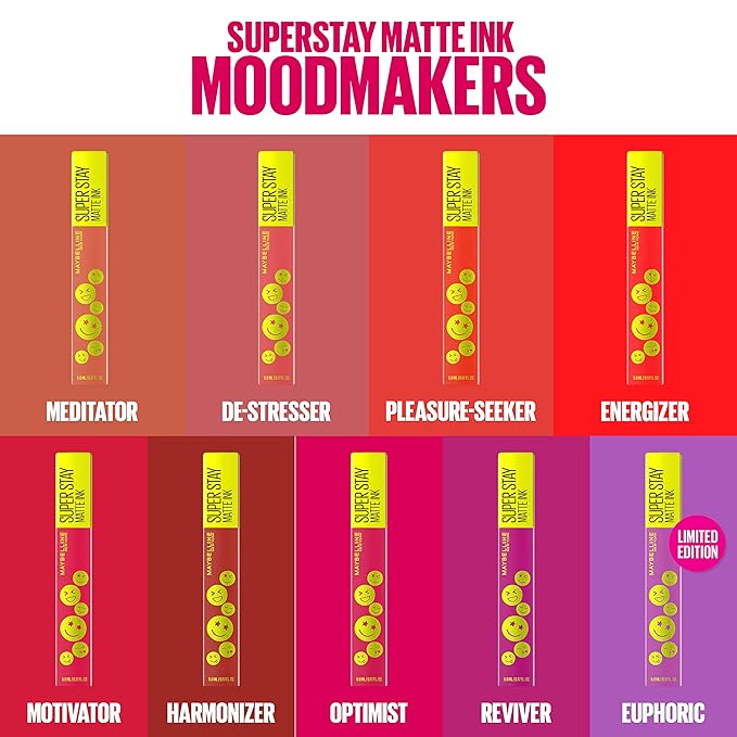 Maybelline Super Stay Matte Ink Liquid Lip Color, Moodmakers Lipstick Collection, Long Lasting, Transfer Proof Lip Makeup, Motivator, Red, 1 Count