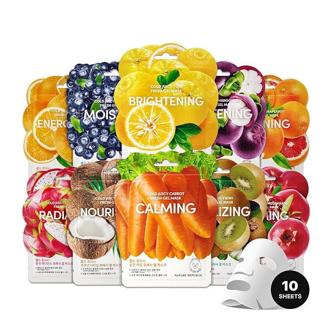 Nature Republic Mask 10 Pack (Cold Juicy) Fresh jelly mask, Bulk Facial Vegan spa Mask for Moisturizing & Hydrating Glow, korean skin care All Skin Types