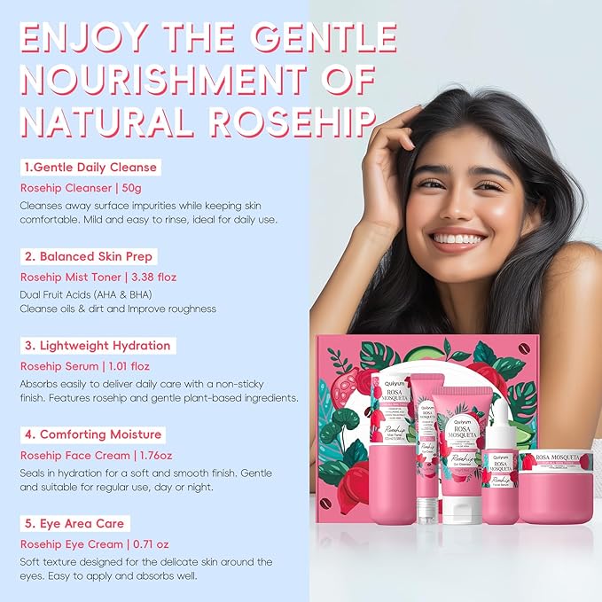 Skin Care Set, Rosehip Vitamin E Skincare Kits 5PCS- Beauty Skin Care for Women, Facial Skin Care Routine Set Kit, Restore Skin Elasticity, Refine Skin Texture, Even Skin Tone, for All Skin Types