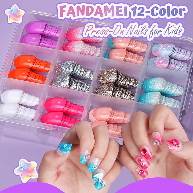 FANDAMEI Press On Nails for Girls, 12 Style Press On Nails for Kids, 6 Sheet Heart Fruit Flower Nail Stickers for Kids, 3D Rhinestone Stickers Face Gems Mermaid Colorful, Nail Art Kit for Girls