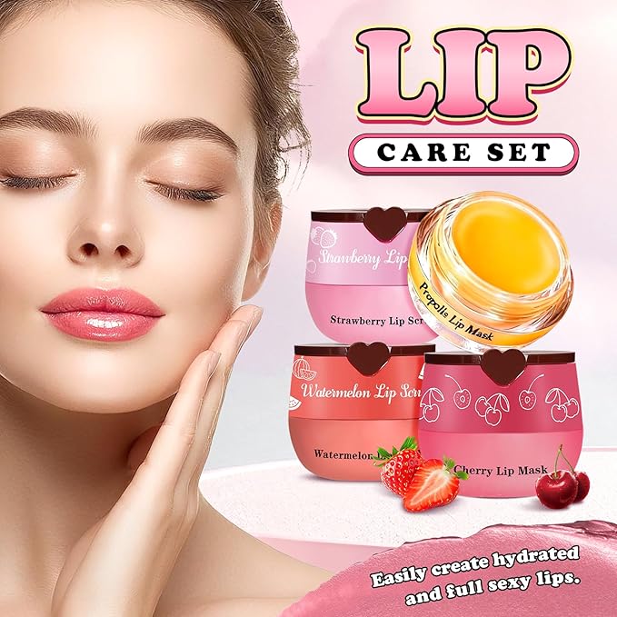 4PCS Lip Scrub and Mask Set,Cherry and Honey Pot Lip Balm,Strawberry and Watermelon Lip Exfoliator Scrub and Moisturizer,Repair Lips Sleeping Mask,Reduce Fine Lines Lips Care Set
