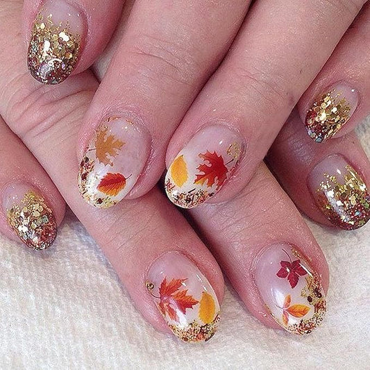 24Pcs Autumn Press on Nails Short Almond Fall Fake Nails Gold Glitter False Nail Maple Leaves Glue on Nails Full Cover Reusable Artificial Stick on Nail for Women DIY Thanksgiving Manicure