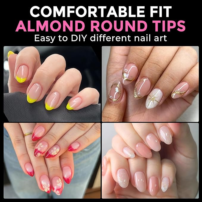 UNA GELLA Short Almond Round Fake Nails 216pcs Almond Press on Nails Pre-shape Oval Gel Nail Tips for Full Cover Acrylic Short Round Nails For Nails tips Extension 12 Sizes