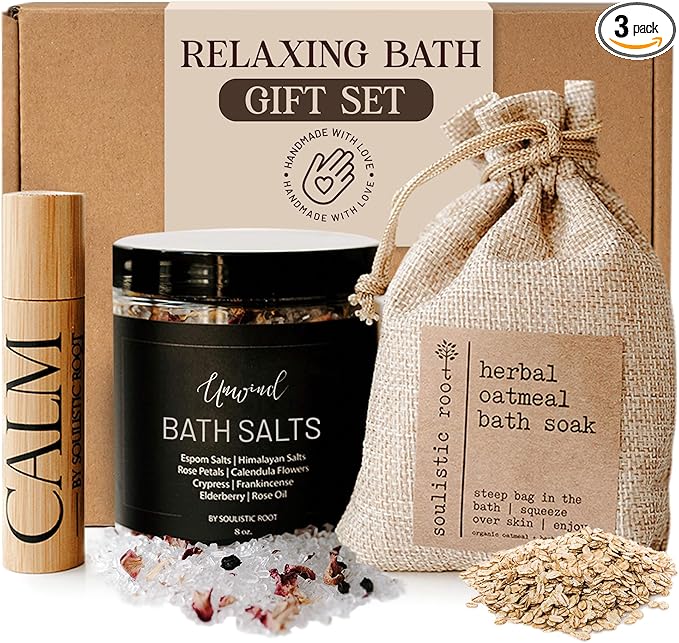 Relaxing Bath Gift Set, Luxury Spa Gifts for Women, Self Care Products for Women and Men, Calm Essential Oil Roller, Oatmeal Lavender Bath Soak & Epsom Salts with Essential Oils