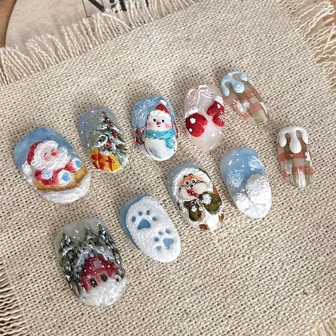 30Pcs Winter Press on Nails Short Oval Almond Christmas Fake Nails with Snowman Santa Claus Xmas Tree Designs Cute Christmas Acrylic Nails Snowflakes Full Cover Stick on Nail for Women Manicure DIY