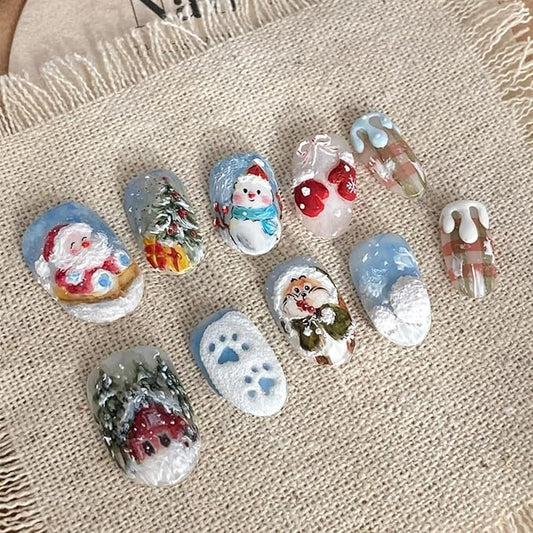 30Pcs Winter Press on Nails Short Oval Almond Christmas Fake Nails with Snowman Santa Claus Xmas Tree Designs Cute Christmas Acrylic Nails Snowflakes Full Cover Stick on Nail for Women Manicure DIY