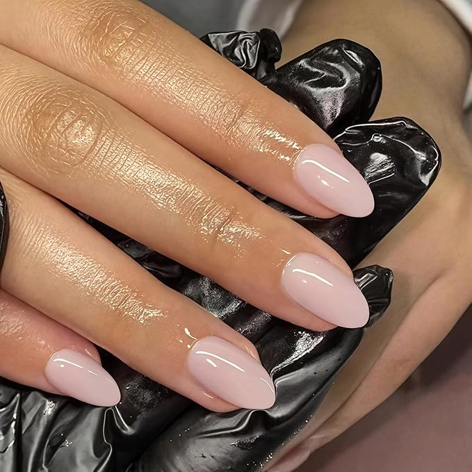 Dusty Pink Press on Nails Short Almond Fake Nails Press ons, Thick Solid Color Glue on False Nails, Natural Acrylic Gel Short Almond Nail Oval Round Shaped Nail for Women, 24Pcs