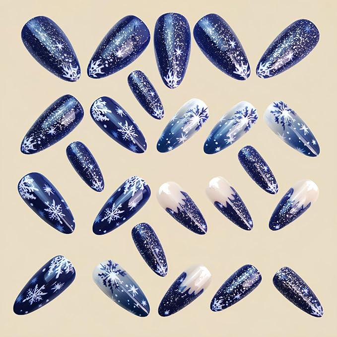 Almond Press on Nails Medium Snowflake Fake Nails Winter Blue False Nails Ombre Glitter Acrylic Nails Reusable Christmas Artificial Nail Full Cover Stick on Nail for Women Girls Manicure 24Pcs