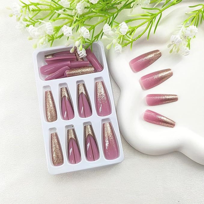 Extre Long Press on Nails Coffin Long Fake Nails with Golden Glitter Design Brown Lines French Tip Glue on Nails Purple-Pink False Nails Press ons Glossy Artificial Stick on Nails for Women 24Pcs