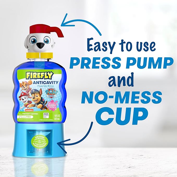 Firefly Kids Anti-Cavity Fluoride Rinse, Paw Patrol, Alcohol Free Formula, ADA Accepted, Helps Prevent Cavities, Bubble Gum Flavor, 16 Ounce