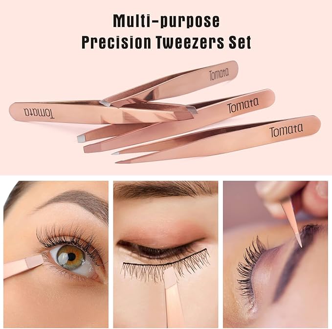Tweezers for Eyebrows, Slant Tip and Pointed Eyebrow Tweezer Set Great Precision for Eyebrows Facial Hair, Ingrown Hair, Splinter, Blackhead and Tick Remover (4-piece) (Gold)