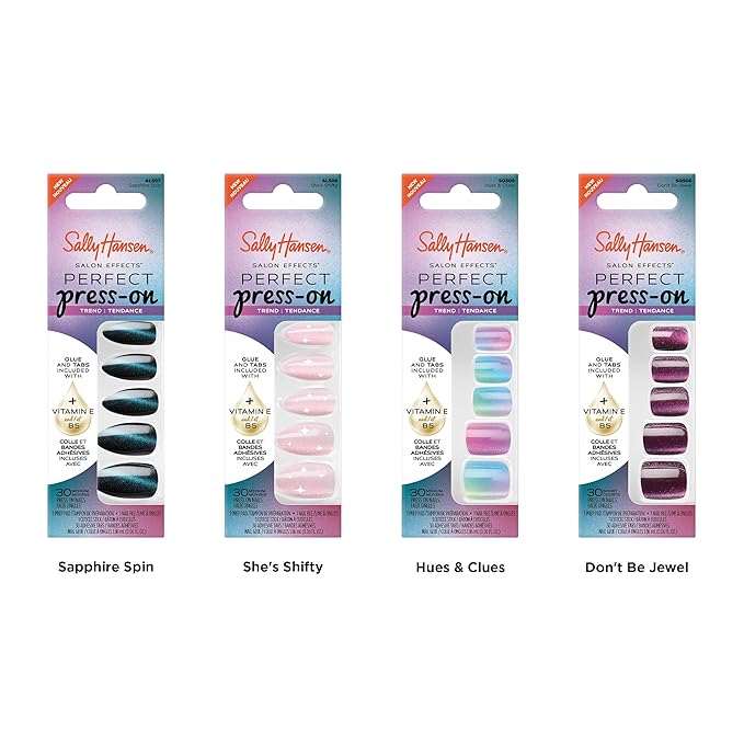 Sally Hansen Salon Effects Perfect Press-On Nails | Square Shape | Easy to Apply, Non-Damaging | 30 Nails, Nail Glue, Adhesive Tabs, File | Hues & Clues