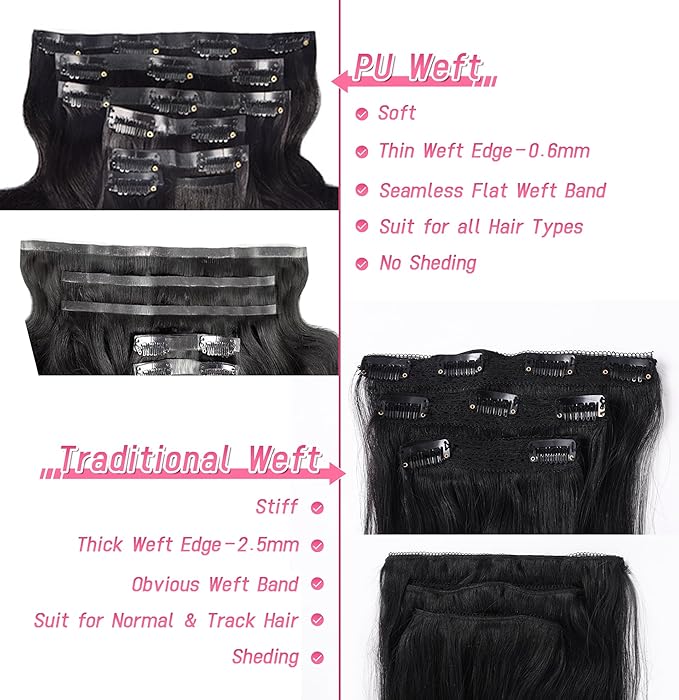 Essent Seamless Light Yaki Straight Clip in Hair Extensions Seamless Real Human Hair, 18 Inch 1Pack 130g 7Pcs Human Hair Extensions for Women Natural Black