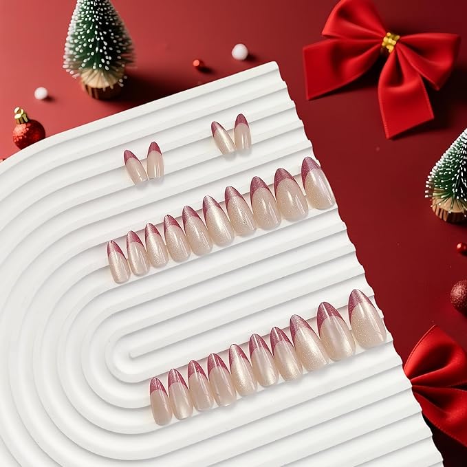 KQueenest Cat Eye Press On Nails Almond, Glitter Red French Tip Press On Nails Medium, Natural Nude Fake Nails With Glue, Soft Gel Glue on Nails with Design, Reusable Stick on Nail for Women, 24 Pcs