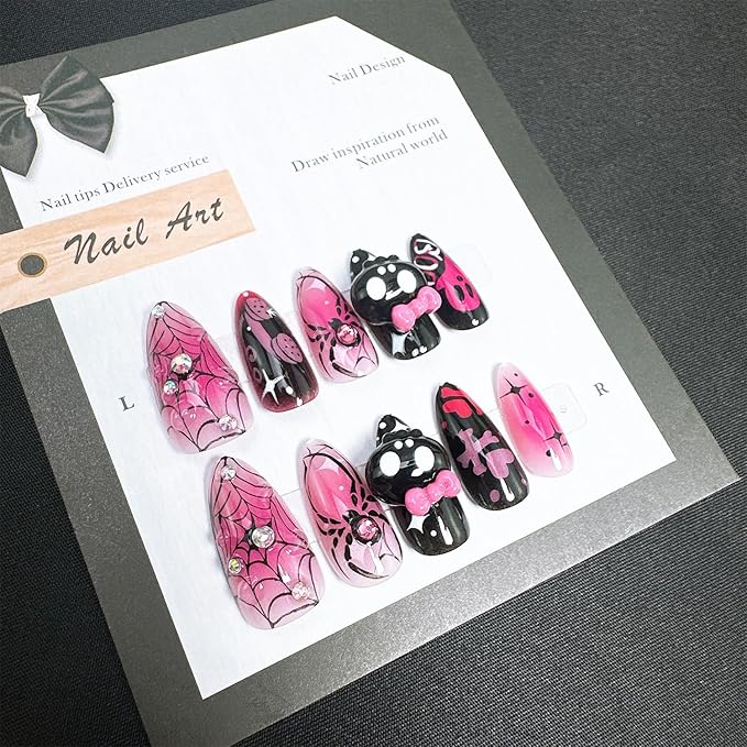 30 Pcs Halloween Press on Nails Medium Almond Fake Nails with 3D Skull Spider Web Rhinestones Designs Spider False Nail Tips Ghost Acrylic Nails Black Pink Full Cover Glue on Nails for Women