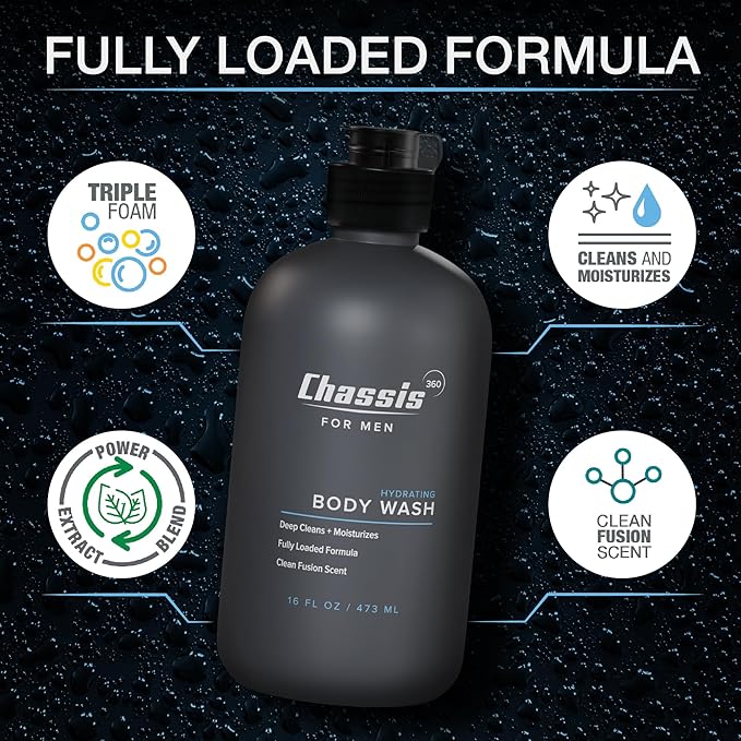 Chassis 360 Men's Body Wash - Maximum Hydration Liquid Body Cleanser for Men - Triple Foam Formula with Clean Fusion Scent - Suitable for All Skin Types - Sulfate & Paraben Free - 16 Fl Oz Bottle