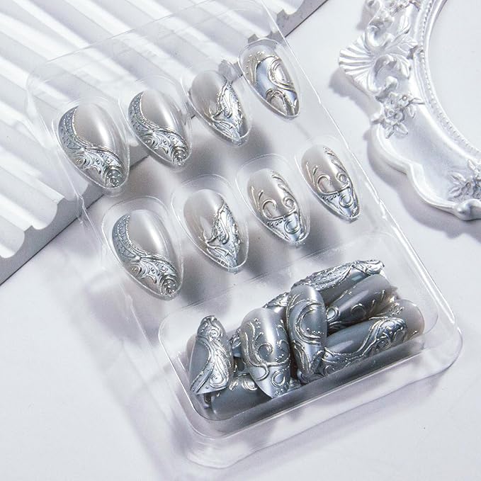 Silver Press on Nails Medium Almond Fake Nails Metal Chrome False Nails Gothic Stripes Line Acrylic Nails Reusable Artificial Nail 3D Full Cover Stick on Nail for Women Girls Manicure Art Decoration