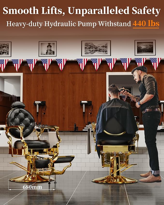 Baasha Vintage Reclining Barber Chair with Adjustable Headrest, Heavy-Duty Metal Frame & Cushion Support, Gold Trim Salon Chair, 550 lbs Capacity