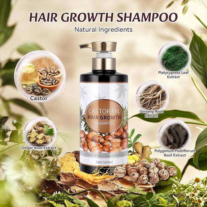 Silvercell Castor Oil Shampoo for Hair Growth, Prevents Hair Loss, Strengthens Hair Roots, Nourishes Dry Hair, Thickening Shampoo for Women & Men, 16.91 fl.oz, Beige