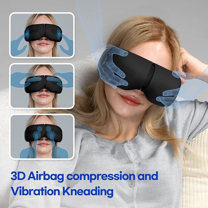 HubiCare Eye Massager with Heat and Cooling for Dark Circles Puffiness Eye Massage for Migraines Bluetooth Music Eye Care for Dry Eyes Sleep Relax (Matte Black)