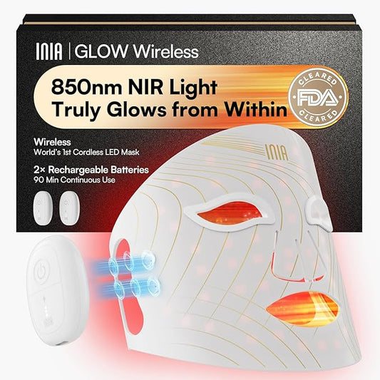 INIA Red Light Therapy Mask for Face, Glow Wireless LED Face Mask Light Therapy with Near-Infrared Red Light (NIR), Rechargeable and Ergonomic Design for Home & Travel