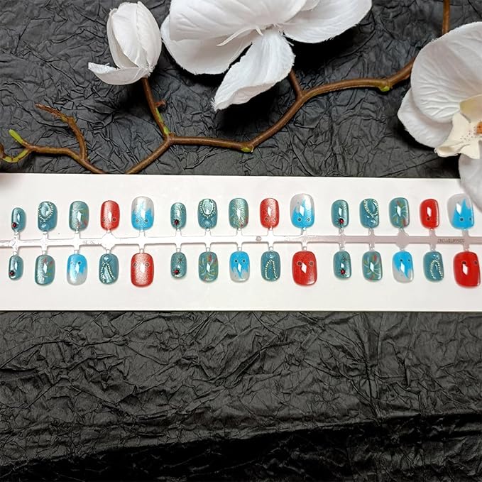 24Pcs Cute Cartoon Press on Nails Fire Work Stick on Fingernails Glossy Blue Cat Eye Acrylic Fake Nail Gold Stars Short Square False Nails Rhinestones Gel Glue on Nail for Coquette Women Girls