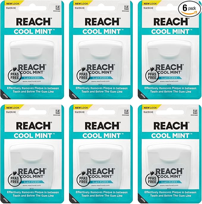 REACH Cool Mint Dental Floss, Fresh Mint, Plaque Remover for Teeth, Shred Resistant, Waxed, Easy on Gums & Teeth, Fresh Breath, Oral Care, PFAS Free, for Adults & Kids, 6 Pack, 55 yd