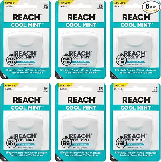 REACH Cool Mint Dental Floss, Fresh Mint, Plaque Remover for Teeth, Shred Resistant, Waxed, Easy on Gums & Teeth, Fresh Breath, Oral Care, PFAS Free, for Adults & Kids, 6 Pack, 55 yd