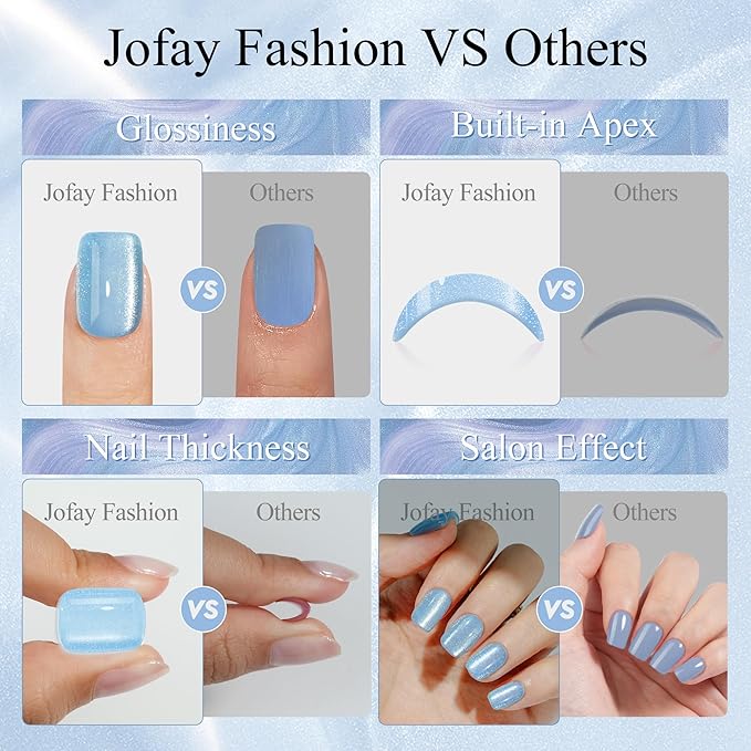 Press on Nails Short 5 Styles, Jofay Fashion 160Pcs Summer Cat Eye Press on Nails for Women, Reusable Opaque Gel Fake Nails, Square Glue On Nails in 16 Sizes, Island