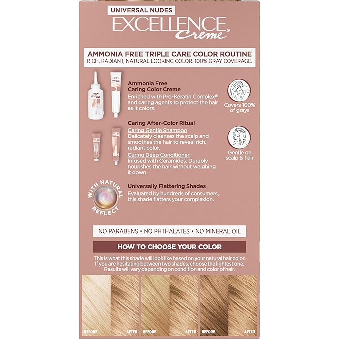 L’Oreal Paris Excellence Universal Nudes Permanent Hair Color, Ammonia Free Hair Dye for Gray Hair Coverage, 9N Natural Light Blonde, 1 Hair Dye Kit