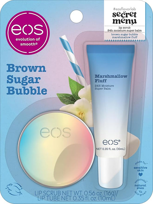 eos Flavor Lab Secret Menu Gift Set - Brown Sugar Boba Lip Scrub & 24H Moisture Super Balm, Limited-Edition Lip Treatment, Nourishing, 2-Pack