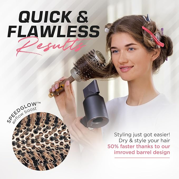 Fagaci Professional Large Round Brush with Natural Boar Bristles for Blow Drying, Nano Technology Ceramic+Ionic for Hair Styling, Volumizing and Healthy Hair - 4 Styling Clips Included