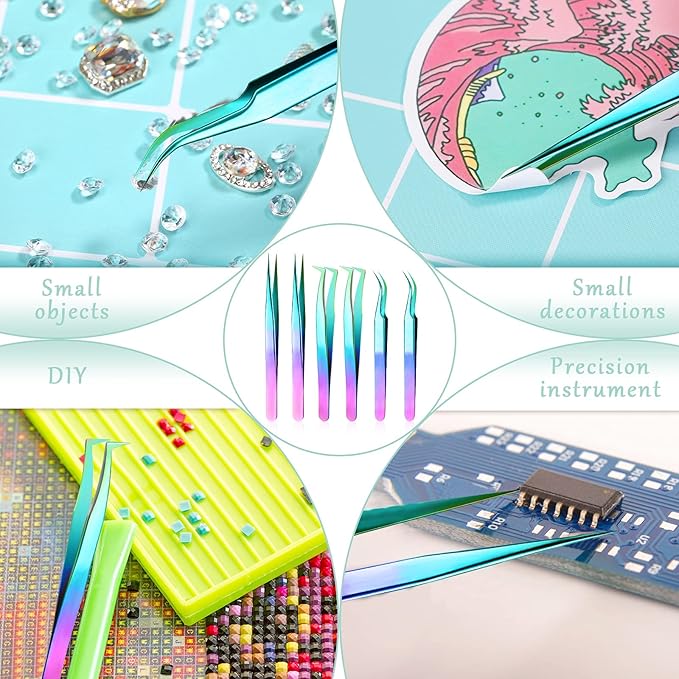 High Precision Lash Tweezers Set 6 Pack Stainless Steel Eyelash Extension Tweezers for Classic, Volume, Mega Volume Lashes, Facial Hair, Eyebrow, Hair Removal, Crafting Making(Rainbow)