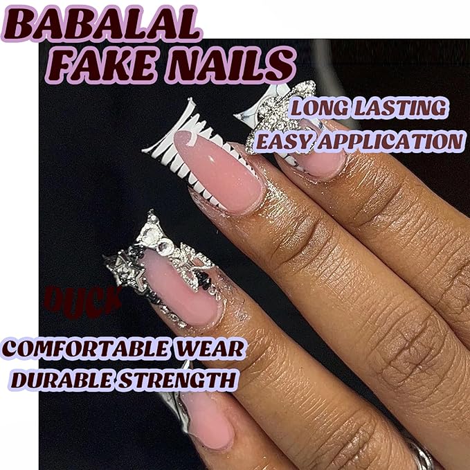 BABALAL Duck Nails Press On Black French Tip Nails 24Pcs Punk Goth Design Acrylic Roses