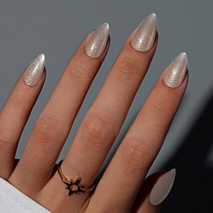 KQueenest Cat Eye Press On Nails Short, Acrylic Press On Nails Almond, Sparkle Light Nude Fake Nails With Glue, Recycled Soft Gel Glue On Nails for Woman, Long-Lasting Glitter Effect, 30 Pcs