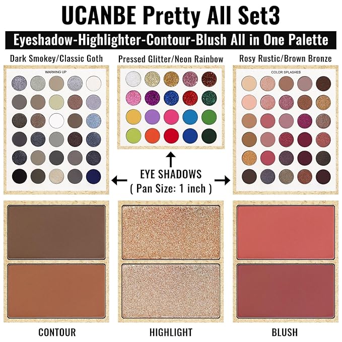 UCANBE Eyeshadow Palette with Brushes Makeup Sets, Pigmented Eye Makeup Pallet Holiday Gift Set, Goth Smokey Rosy Neutral Glitter Rainbow Eye Shadows & Contour Highlight Blush All-in-One Make Up Kit