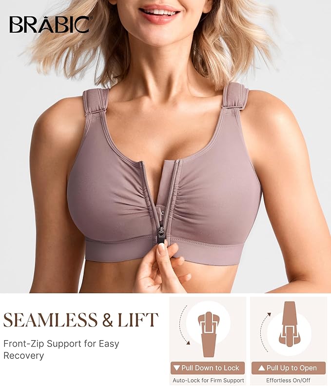 BRABIC Zip Front Closure Everyday Bra for Women Post Surgery Compression Support with Adjustable Straps Wirefree