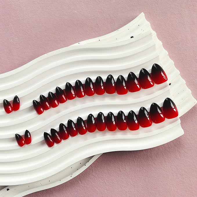 KQueenest Red Black Press On Nails Short Almond, Ombre French Press On Nails with Glue, Dark Fake Nails Press ons, Soft Gel Glue on Nails with Gradient Design for Women Christmas, 30 Pcs