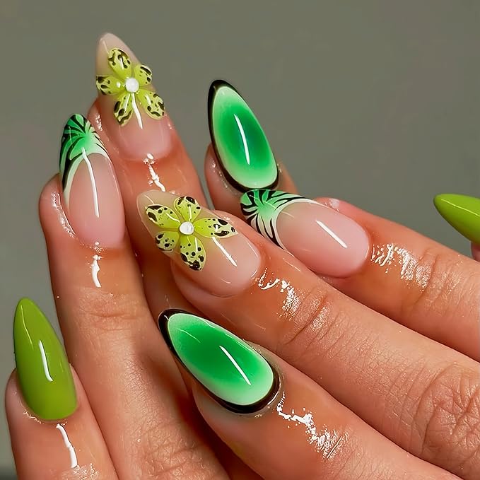3D Flower Press on Nails Green French Tips Fake Nails Medium Almond False Nails Tropical Flowers Ombre Stick on Nails 3D Yellow Flowers Floral Design False Nails Glue on Nails for Women Girls 24Pcs