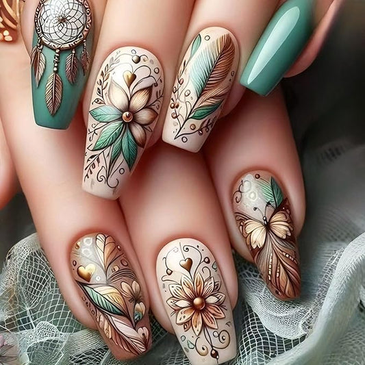 24Pcs Press on Nails Coffin Medium Fake Nails Fall Flower Designs Glossy Green Brown Nail Press ons Artificial Glue on Nails Feathered Stick on Nails Butterfly Pattern Art for Women Winter Manicure