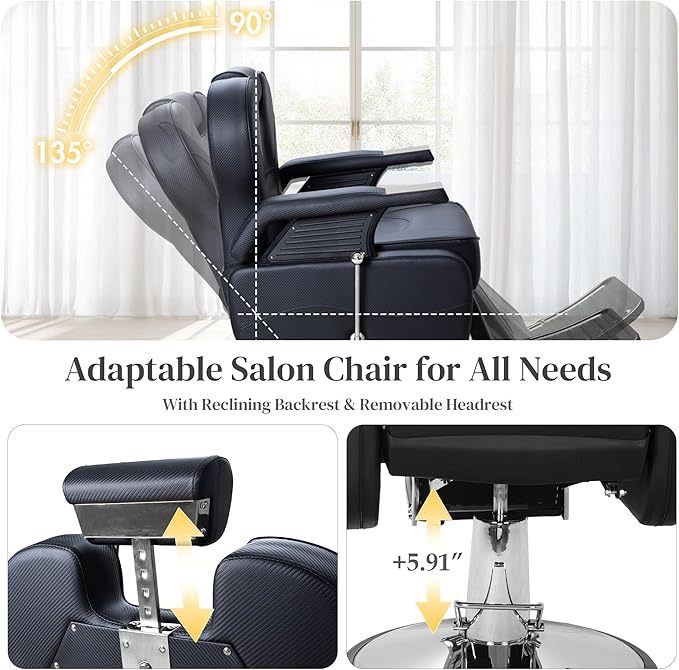 FHFO Barber Chairs for Barbershop, Heavy Duty Hydraulic Barber Chair 360° Swivel Reclining, Adjustable PU Leather Beauty Salon Chair for Barbershop Spa Black/Silver