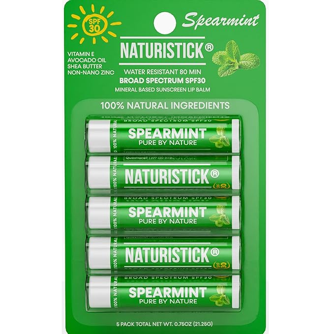 Naturistick SPF 30 Vegan Lip Balm – Mineral Sunscreen with Zinc Oxide | Broad Spectrum UVA/UVB Protection | 100% Natural, Coral-Friendly Formula | Oxybenzone Free | 5-Pack Spearmint | Made in USA
